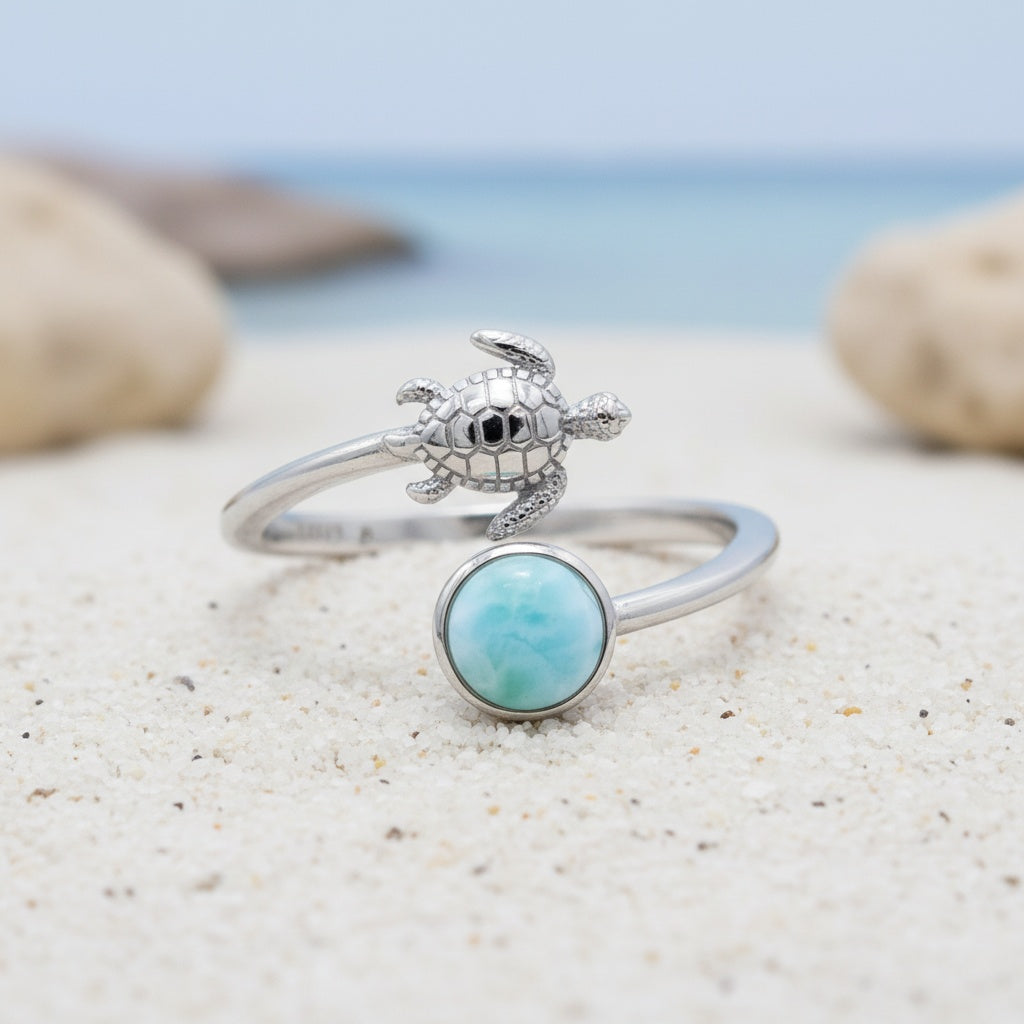 Adjustable Larimar Stone Sea Turtle Ring - 925 Sterling Silver