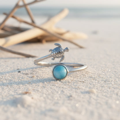 Adjustable Larimar Stone Sea Turtle Ring - 925 Sterling Silver