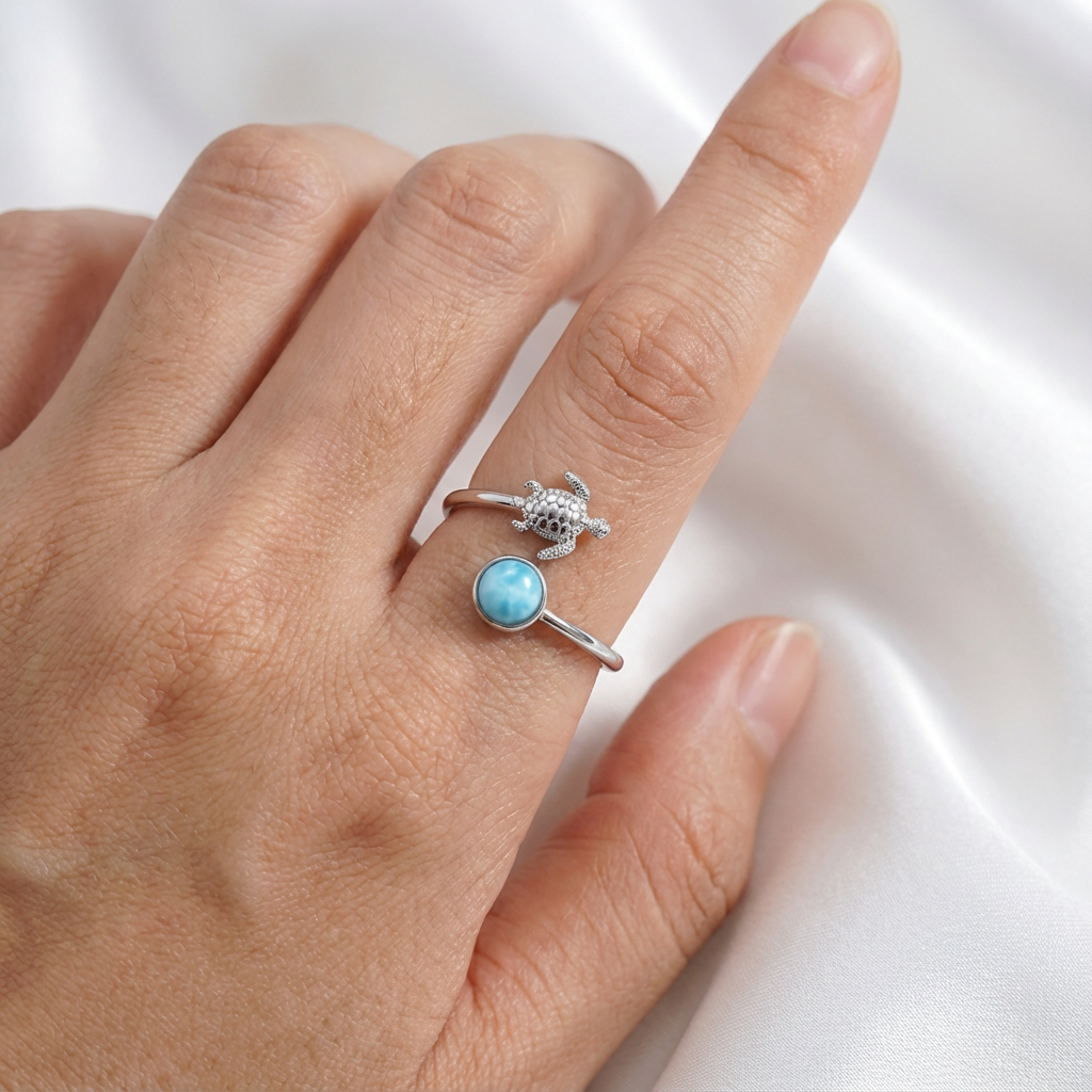 Adjustable Larimar Stone Sea Turtle Ring - 925 Sterling Silver