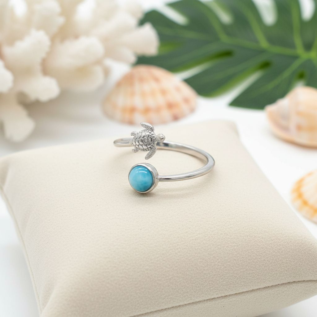 Adjustable Larimar Stone Sea Turtle Ring - 925 Sterling Silver
