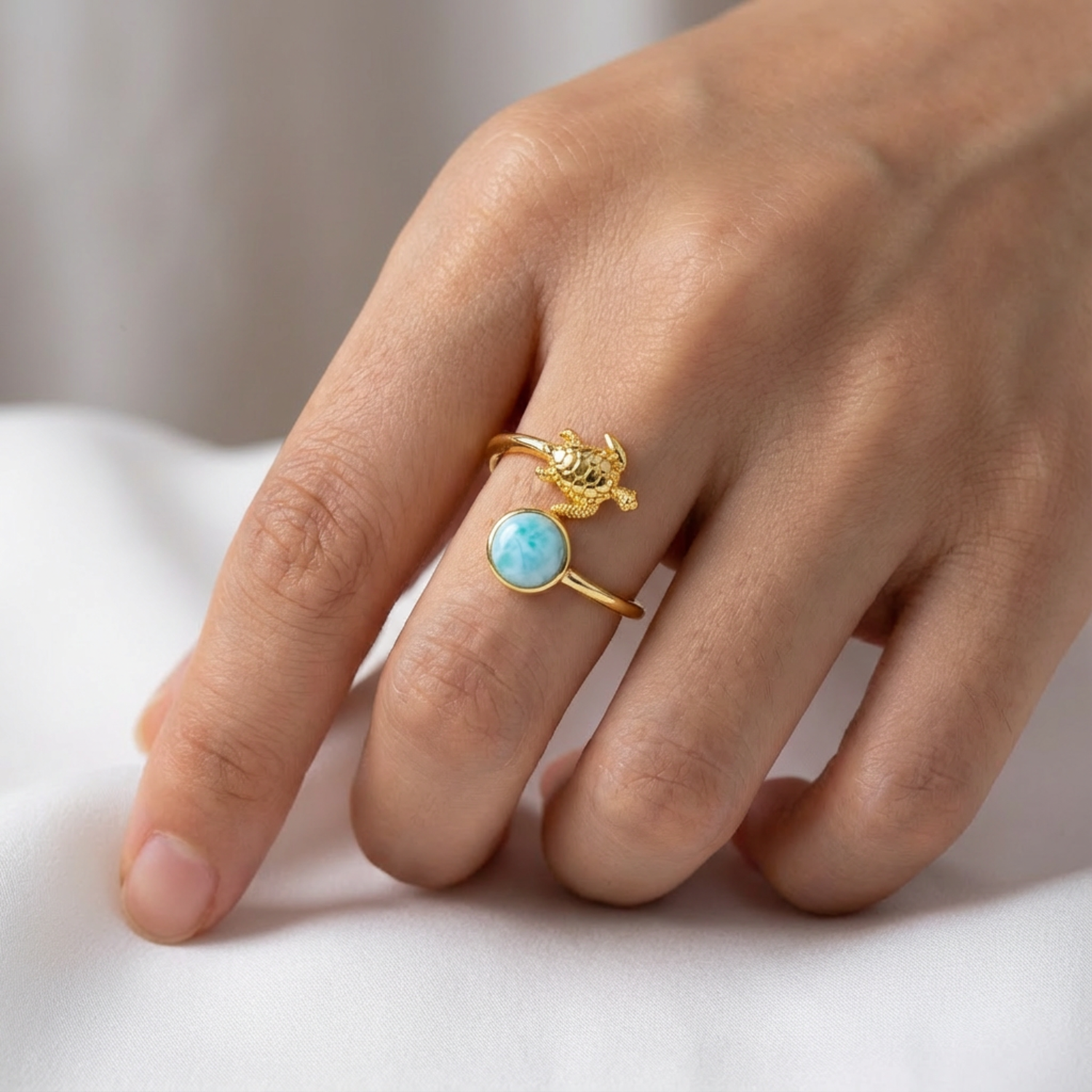 Adjustable-Gold-Larimar-Sea-Turtle-Ring-on-Hand-Bypass-Style-Ocean-Jewelry