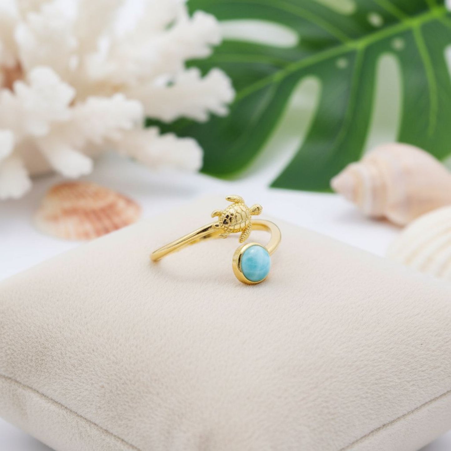 Hawaiian-Honu-Turtle-Ring-Natural-Blue-Larimar-Adjustable-Bypass-14K-Gold-Plated