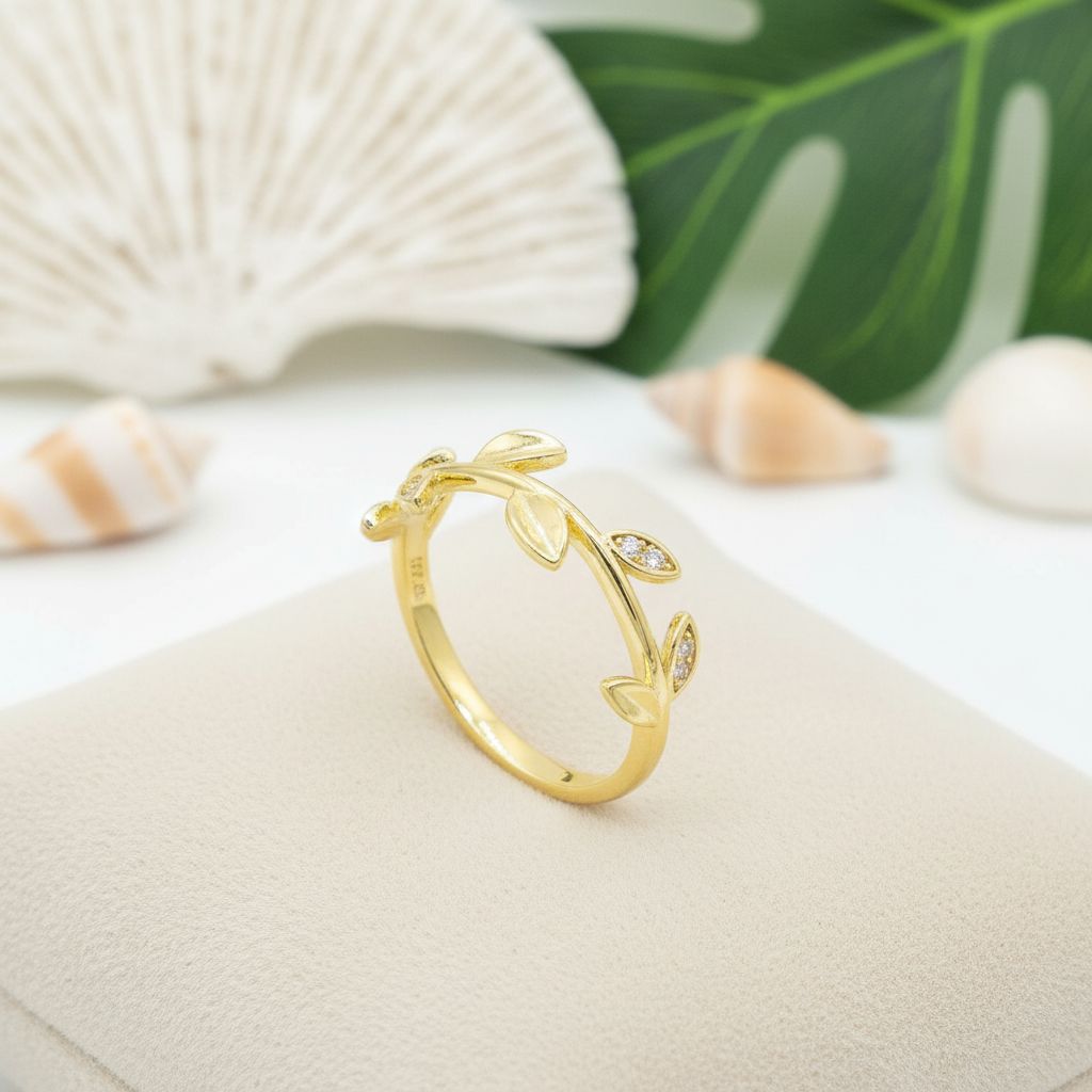 925 Sterling Silver Hawaiian Maile Leaves CZ Adjustable Gold Plated Band Ring