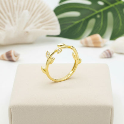 925 Sterling Silver Hawaiian Maile Leaves CZ Adjustable Gold Plated Band Ring
