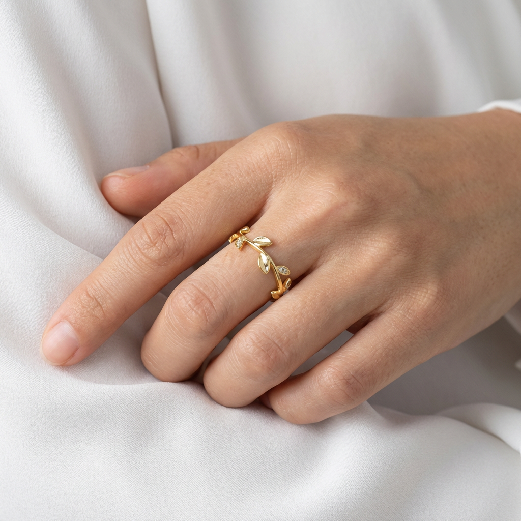 925 Sterling Silver Hawaiian Maile Leaves CZ Adjustable Gold Plated Band Ring