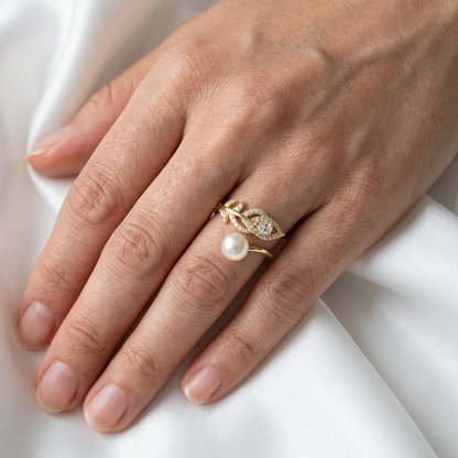 Freshwater Pearl & CZ Leaf Bypass Adjustable Ring - 14K Gold Plated 925 Sterling Silver