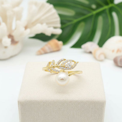 Freshwater Pearl & CZ Leaf Bypass Adjustable Ring - 14K Gold Plated 925 Sterling Silver