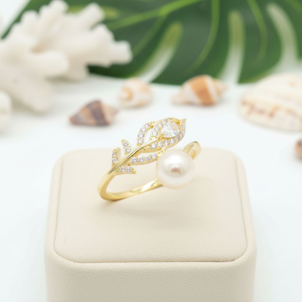 Freshwater Pearl & CZ Leaf Bypass Adjustable Ring - 14K Gold Plated 925 Sterling Silver