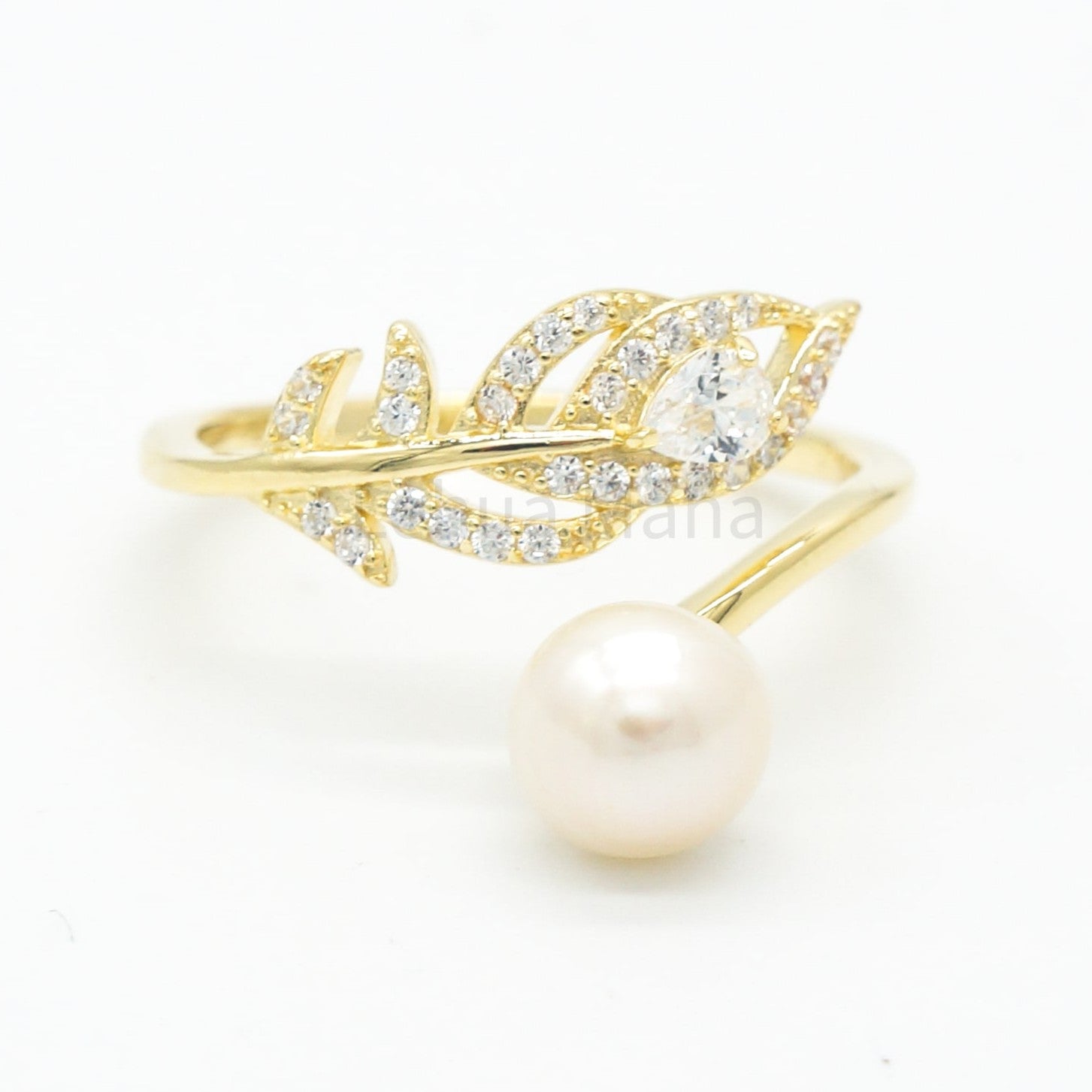 925 Silver Adjustable CZ Freshwater Pearl Leaf Ring, Silver Adjustable Ring, 925 Sterling Silver Jewelry, CZ Freshwater Pearl Leaf Ring