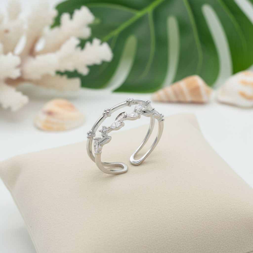 Hawaiian Maile Leaf Adjustable Bypass Ring - 925 Sterling Silver