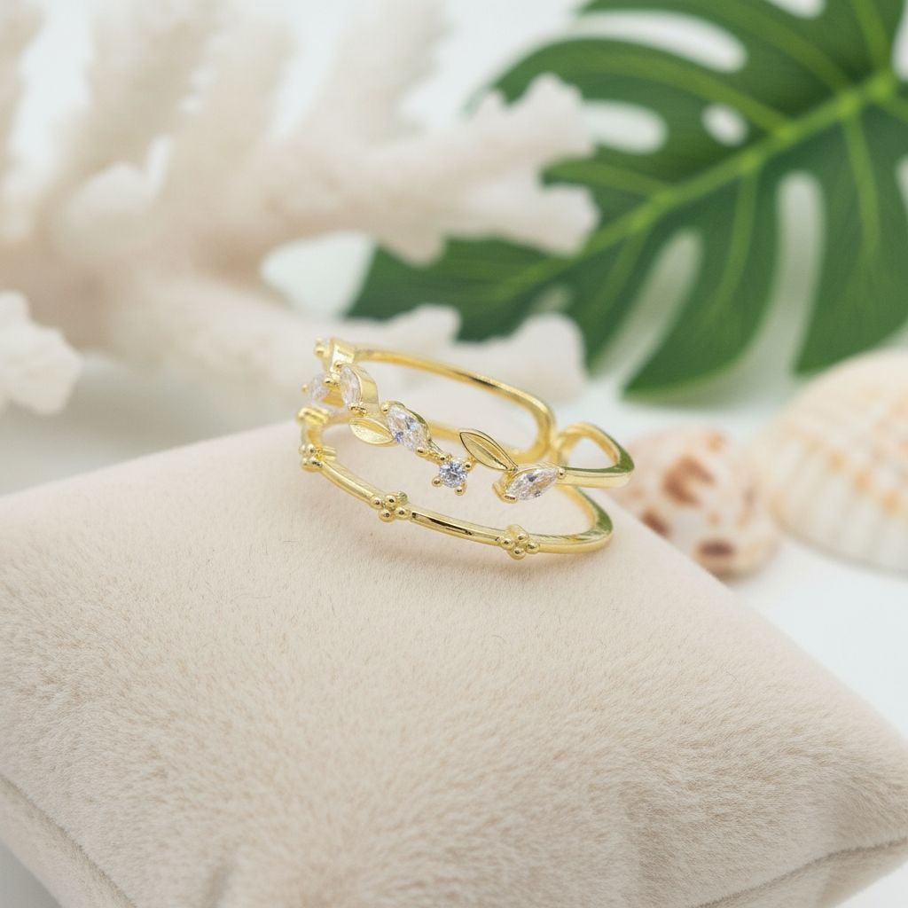 Hawaiian Maile Leaf Adjustable Bypass Ring - 925 Sterling Silver
