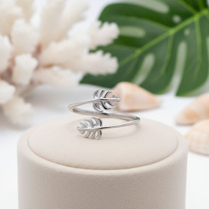 925 Sterling Silver Hawaiian Monstera Leaves Adjustable Bypass Ring