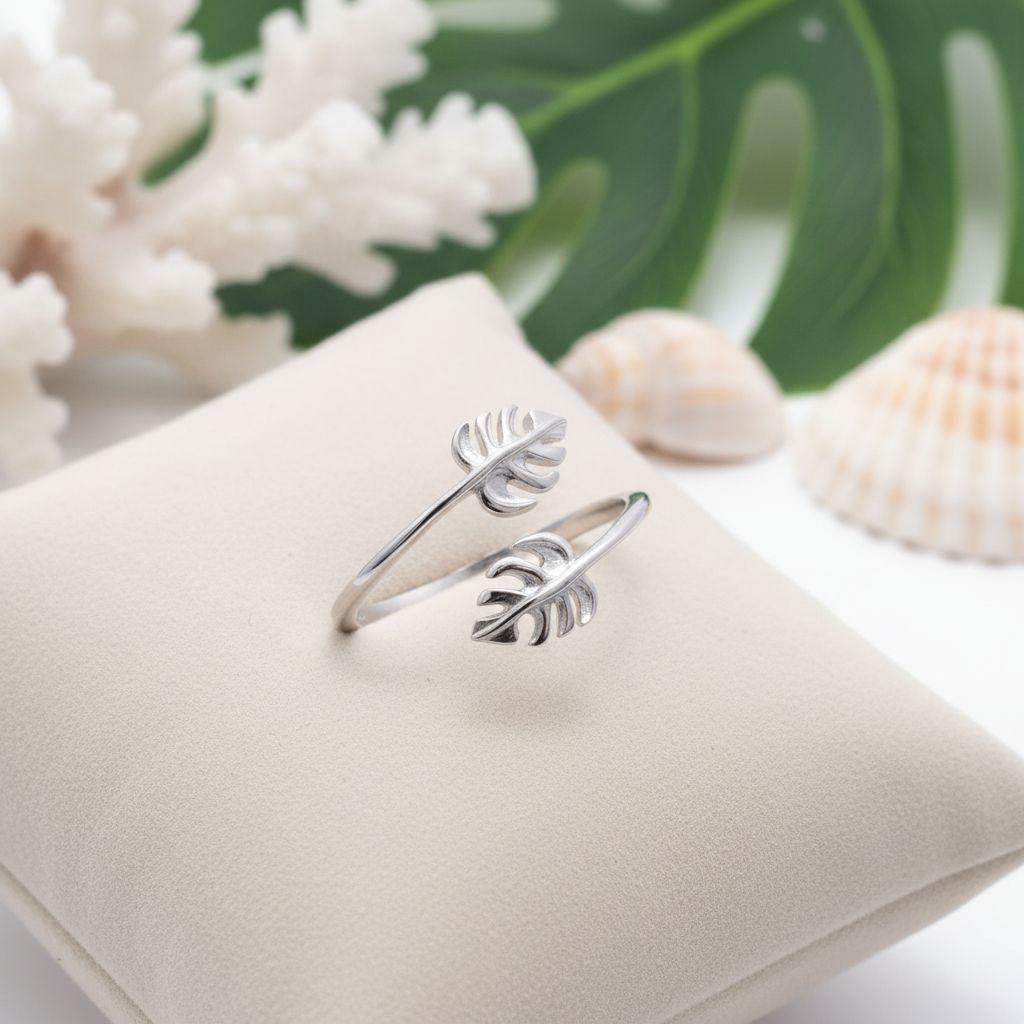 925 Sterling Silver Hawaiian Monstera Leaves Adjustable Bypass Ring