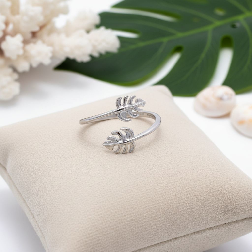 925 Sterling Silver Hawaiian Monstera Leaves Adjustable Bypass Ring
