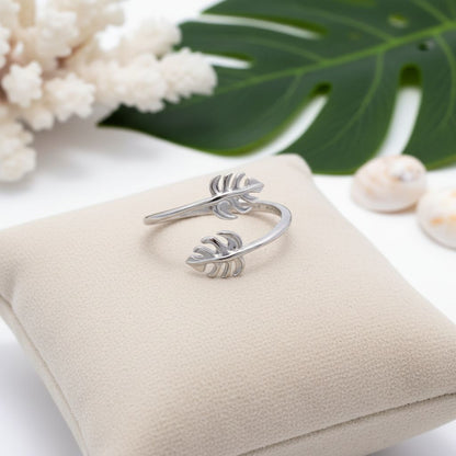 925 Sterling Silver Hawaiian Monstera Leaves Adjustable Bypass Ring
