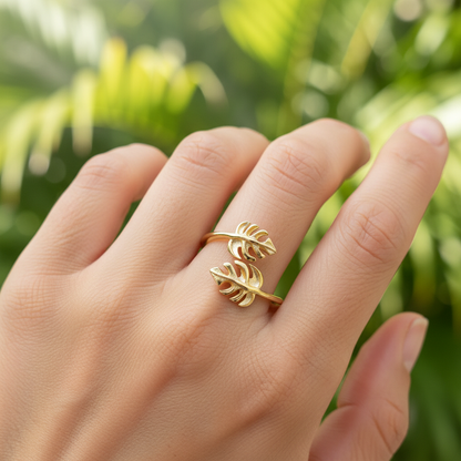 925 Sterling Silver Hawaiian Monstera Leaves Adjustable Bypass Ring