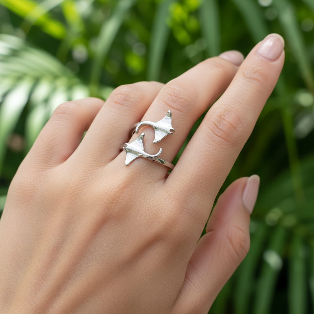 925 Sterling Silver Hawaiian Manta Ray Adjustable Bypass Ring