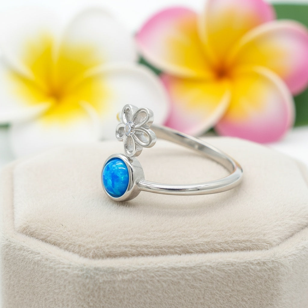 Hawaiian Plumeria Flower Adjustable Opal Stone Bypass Ring - 925 Sterling Silver