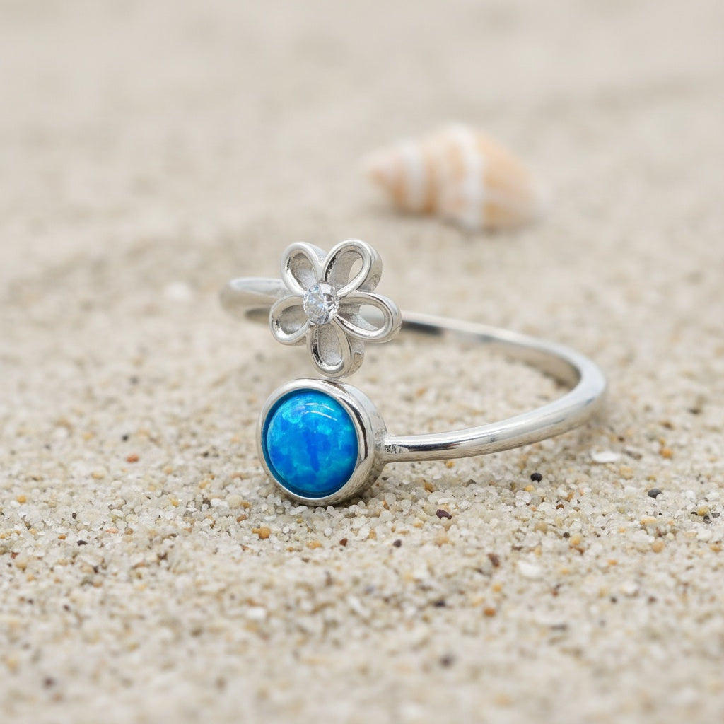 Hawaiian Plumeria Flower Adjustable Opal Stone Bypass Ring - 925 Sterling Silver