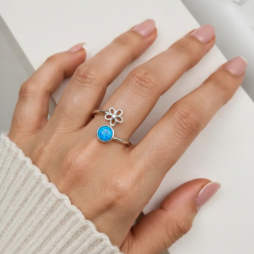 Hawaiian Plumeria Flower Adjustable Opal Stone Bypass Ring - 925 Sterling Silver
