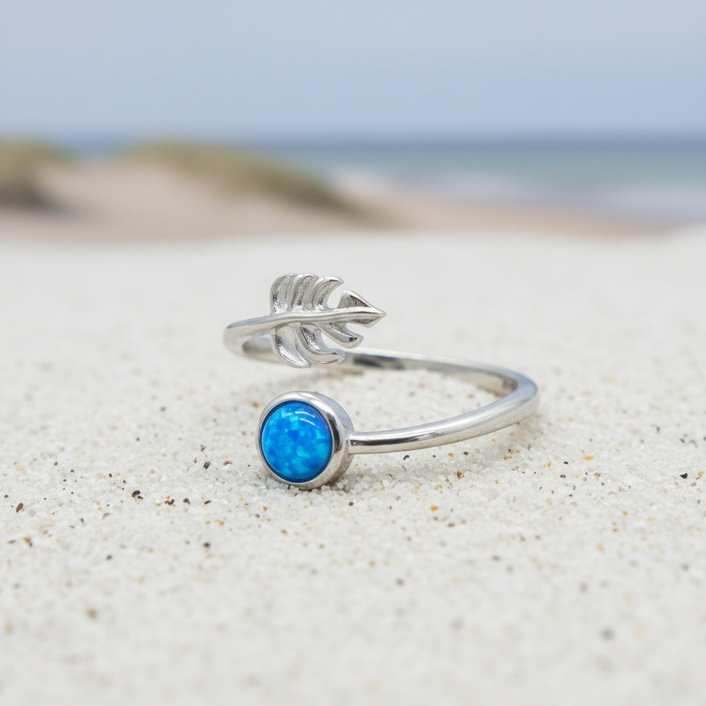 Hawaiian Monstera Leaf Adjustable Opal Stone Bypass Ring - 925 Sterling Silver