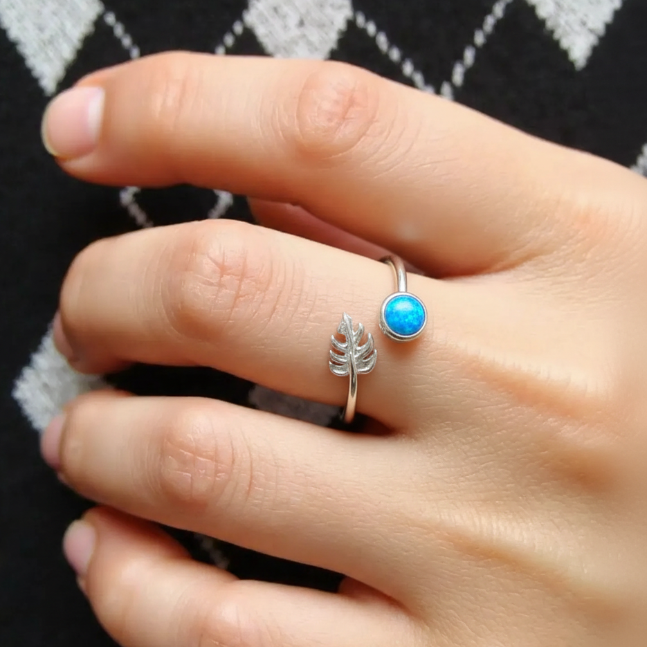Hawaiian Monstera Leaf Adjustable Opal Stone Bypass Ring - 925 Sterling Silver