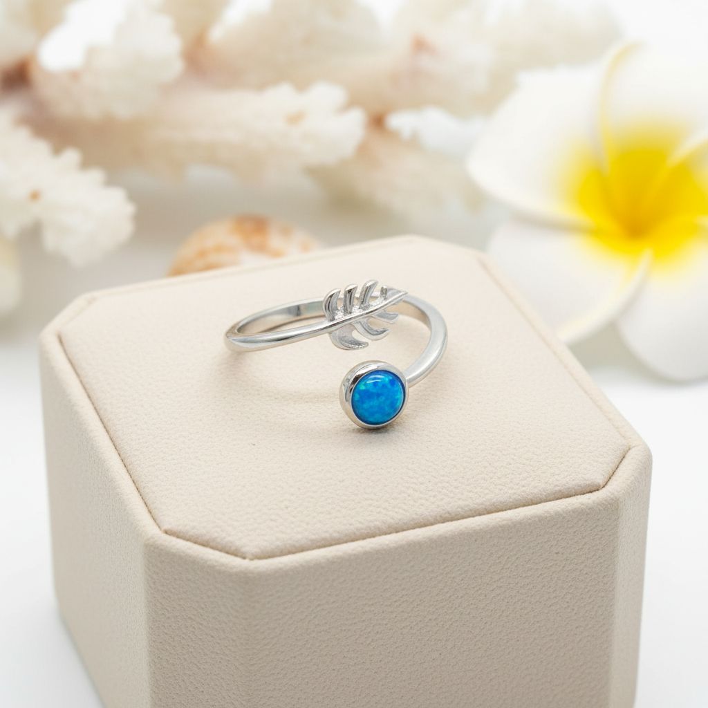 Hawaiian Monstera Leaf Adjustable Opal Stone Bypass Ring - 925 Sterling Silver