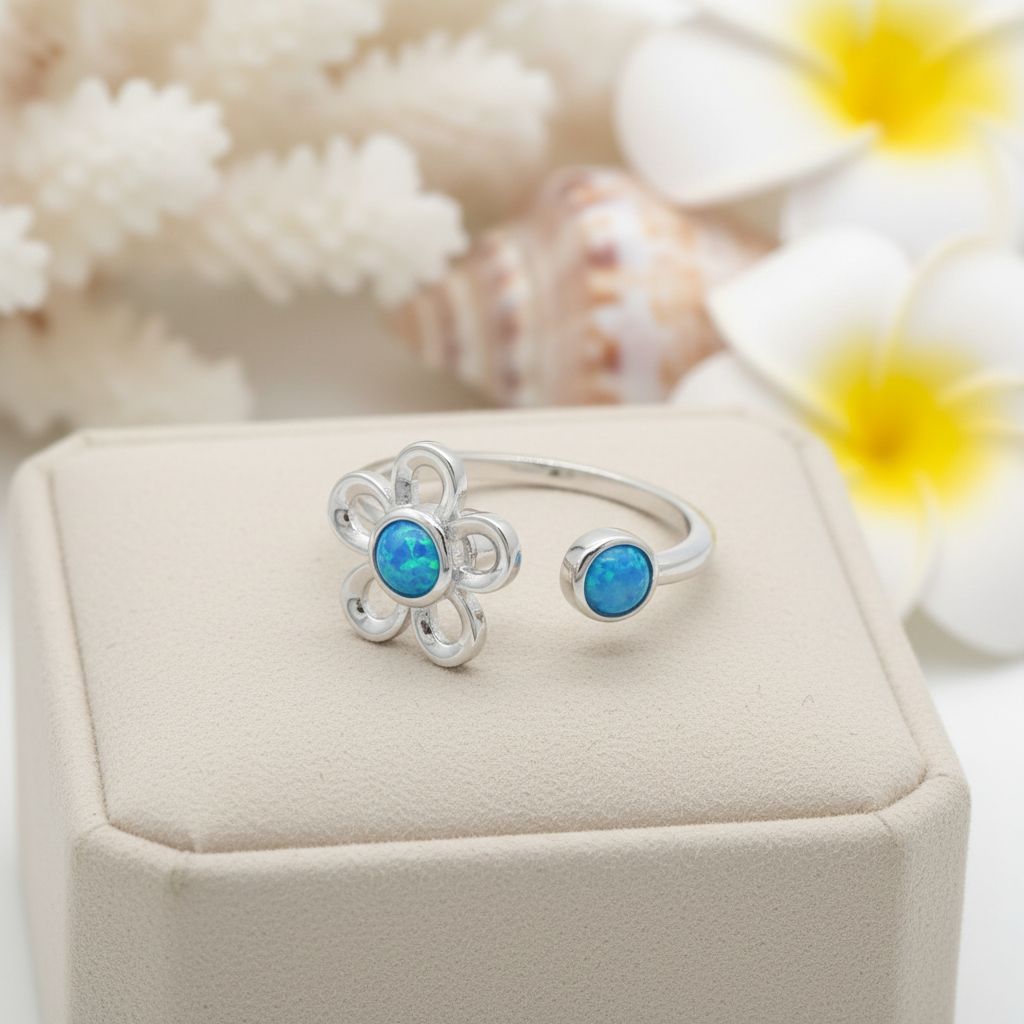 Plumeria Flower Blue Opal Stone Adjustable Fidget Spinner Bypass Ring - 925 Sterling Silver