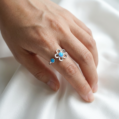 Plumeria Flower Blue Opal Stone Adjustable Fidget Spinner Bypass Ring - 925 Sterling Silver