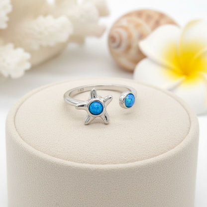 Starfish Blue Opal Stone Adjustable Fidget Spinner Bypass Ring - 925 Sterling Silver