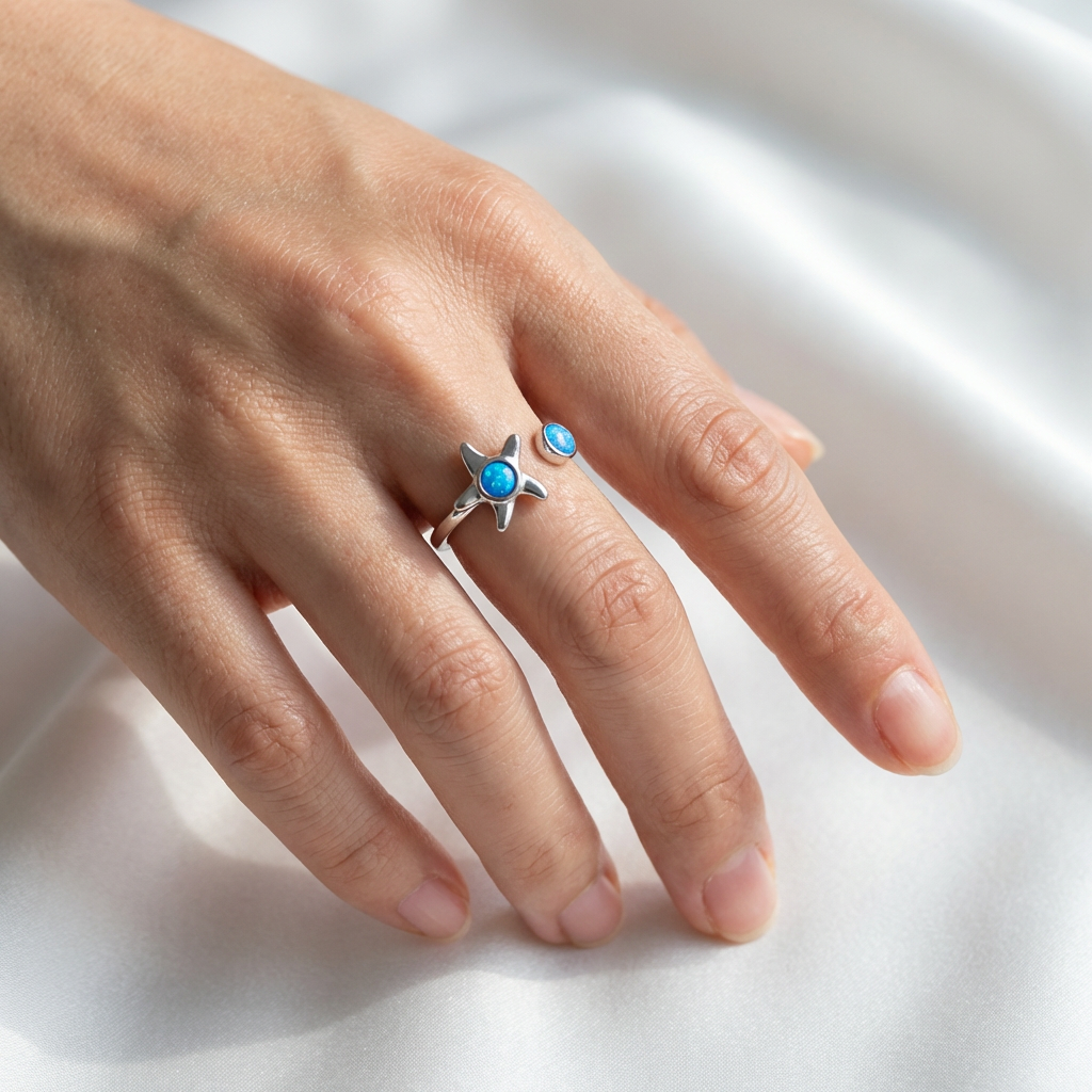 Starfish Blue Opal Stone Adjustable Fidget Spinner Bypass Ring - 925 Sterling Silver