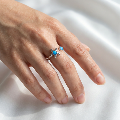 Starfish Blue Opal Stone Adjustable Fidget Spinner Bypass Ring - 925 Sterling Silver