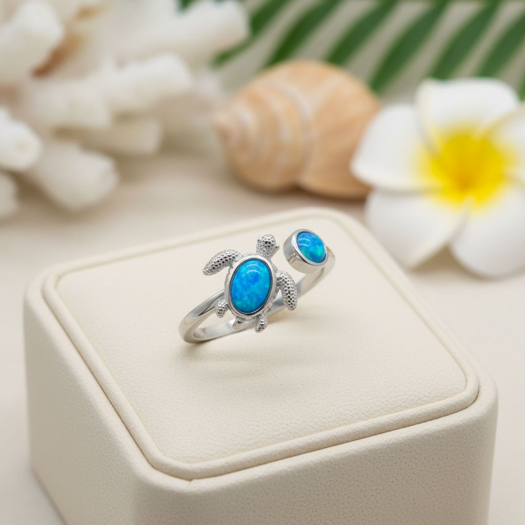 Sea Turtle Blue Opal Stone Adjustable Fidget Spinner Bypass Ring - 925 Sterling Silver