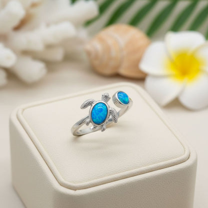 Sea Turtle Blue Opal Stone Adjustable Fidget Spinner Bypass Ring - 925 Sterling Silver