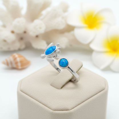 Sea Turtle Blue Opal Stone Adjustable Fidget Spinner Bypass Ring - 925 Sterling Silver