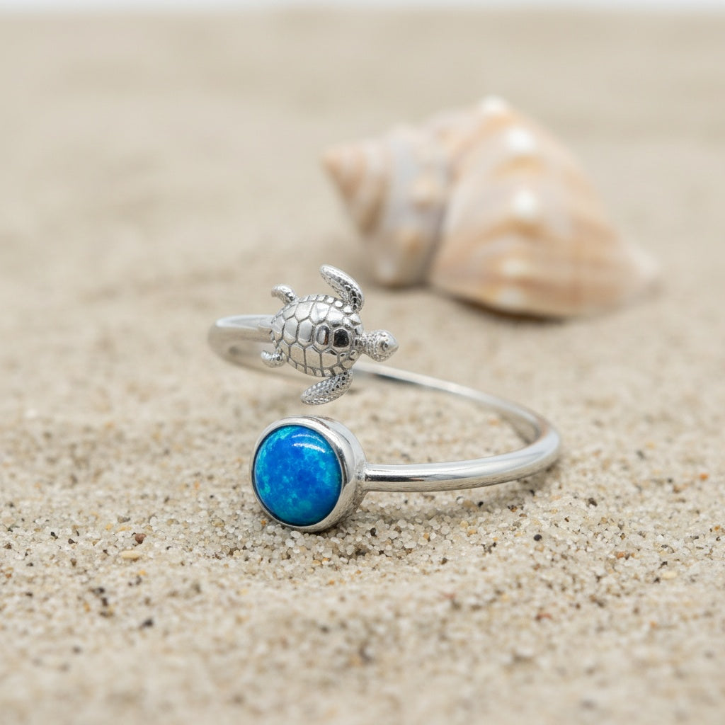 925 Sterling Silver Opal Stone Hawaiian Sea Turtle Adjustable Bypass Ring