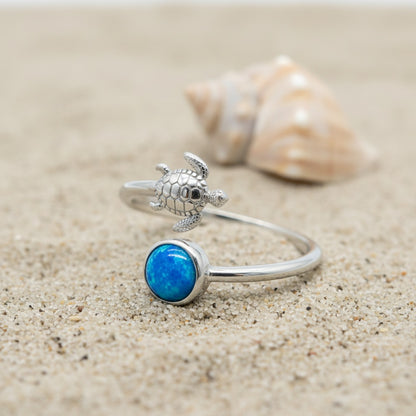 925 Sterling Silver Opal Stone Hawaiian Sea Turtle Adjustable Bypass Ring