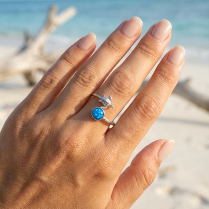 925 Sterling Silver Opal Stone Hawaiian Sea Turtle Adjustable Bypass Ring