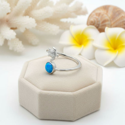 925 Sterling Silver Opal Stone Hawaiian Sea Turtle Adjustable Bypass Ring