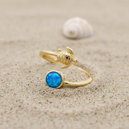 Hawaiian Sea Turtle Adjustable Opal Stone Bypass Ring - 14K Gold Plated 925 Sterling Silver