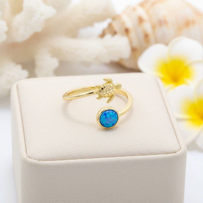 Hawaiian Sea Turtle Adjustable Opal Stone Bypass Ring - 14K Gold Plated 925 Sterling Silver
