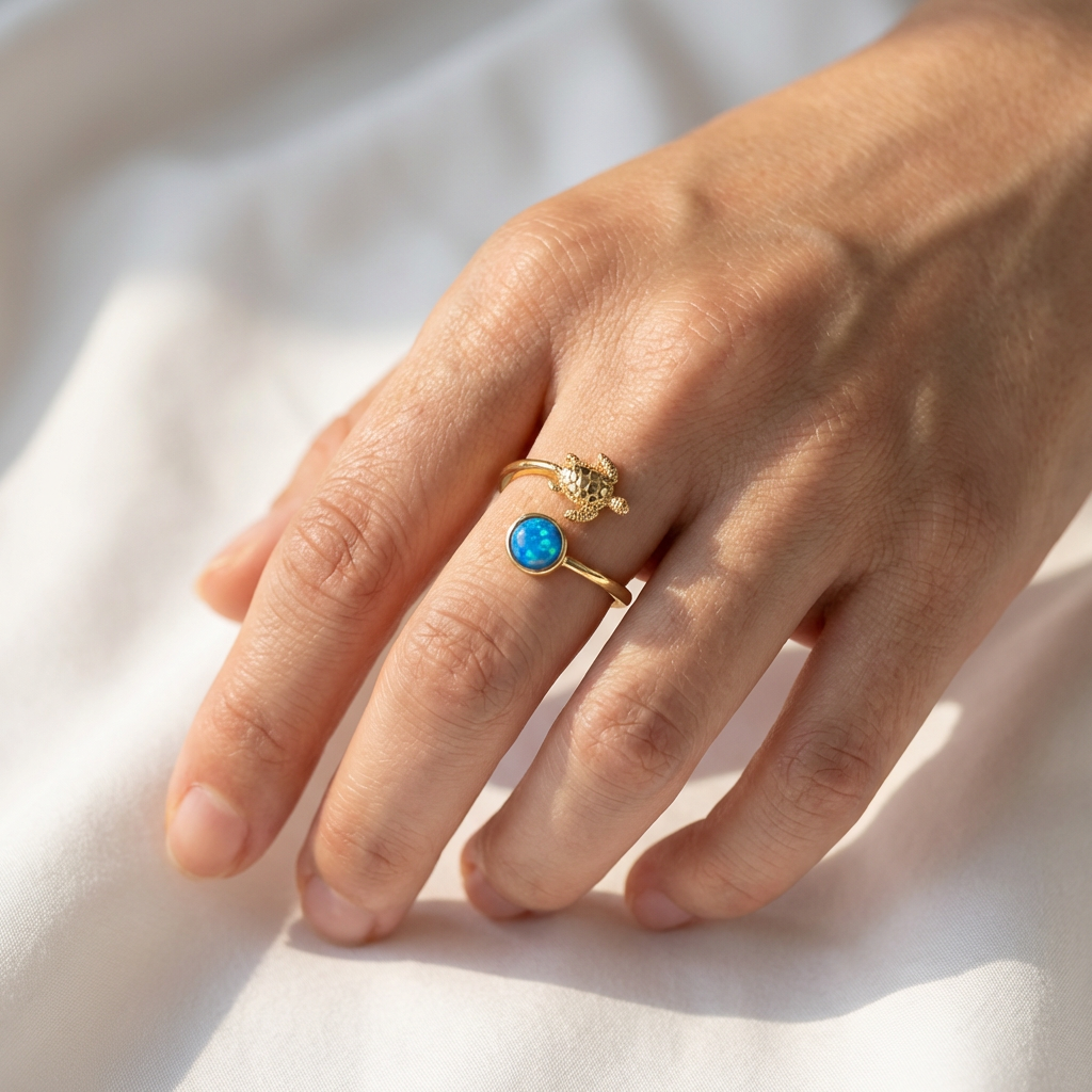 Hawaiian Sea Turtle Adjustable Opal Stone Bypass Ring - 14K Gold Plated 925 Sterling Silver