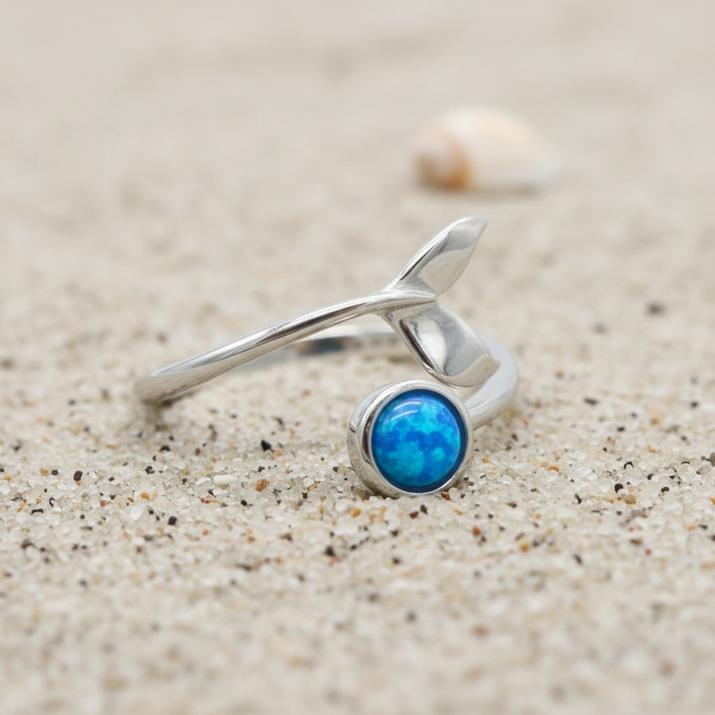 925 Sterling Silver Opal Stone Whale Tail Adjustable Bypass Ring
