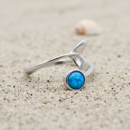 925 Sterling Silver Opal Stone Whale Tail Adjustable Bypass Ring