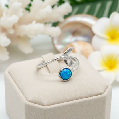 925 Sterling Silver Opal Stone Whale Tail Adjustable Bypass Ring