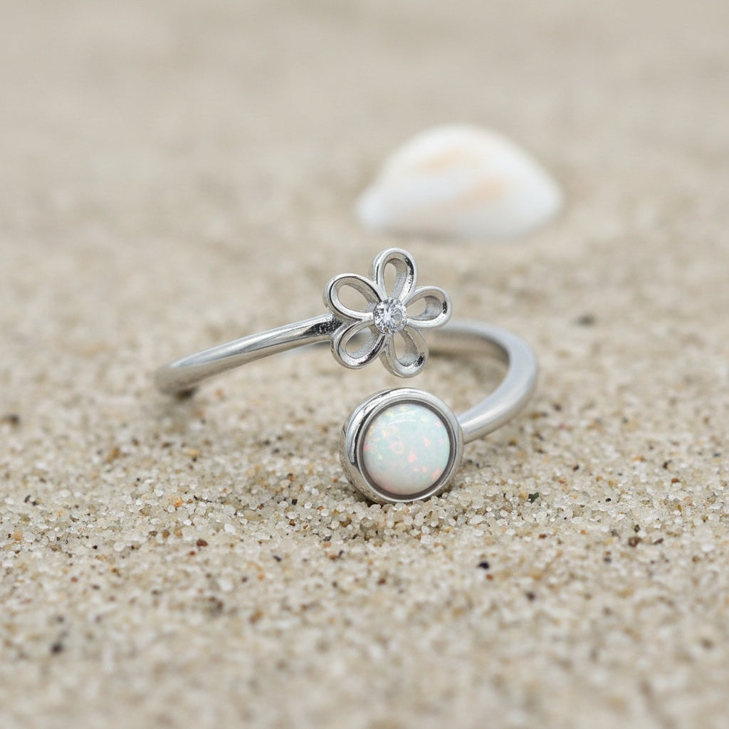 Hawaiian Plumeria Flower Adjustable Opal Stone Bypass Ring - 925 Sterling Silver