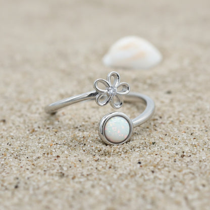 Hawaiian Plumeria Flower Adjustable Opal Stone Bypass Ring - 925 Sterling Silver