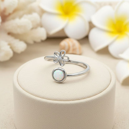 Hawaiian Plumeria Flower Adjustable Opal Stone Bypass Ring - 925 Sterling Silver