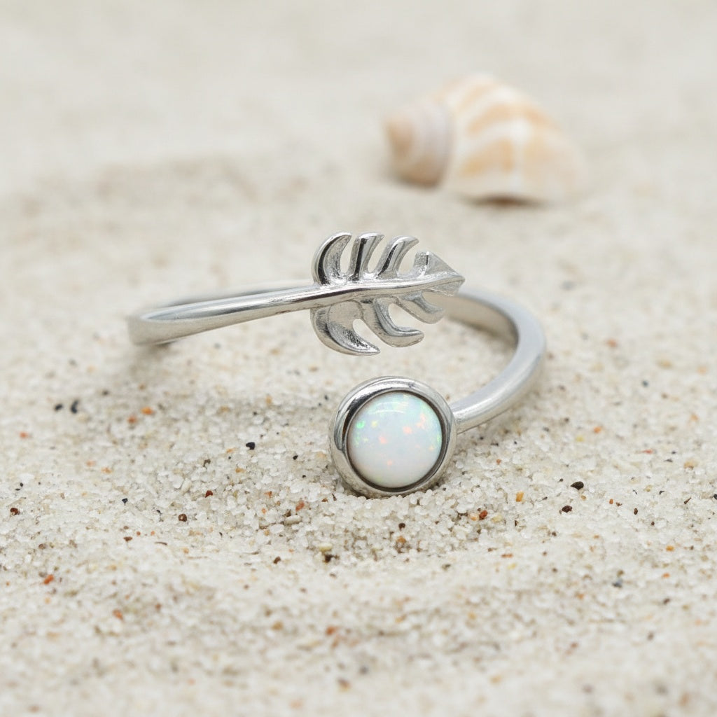 Hawaiian Monstera Leaf Adjustable Opal Stone Bypass Ring - 925 Sterling Silver