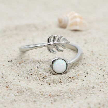 Hawaiian Monstera Leaf Adjustable Opal Stone Bypass Ring - 925 Sterling Silver